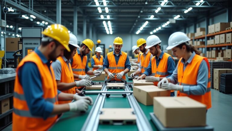 Workers in safety vests operate a conveyor belt, ensuring efficient movement of materials in a warehouse setting.
