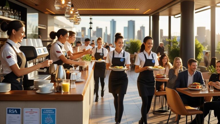 A group of people dining at a restaurant, enjoying a panoramic view of the city skyline.