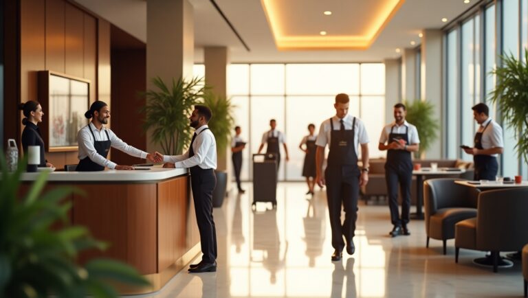 A group of people gathered in front of a reception desk, engaging in conversation and waiting for assistance.