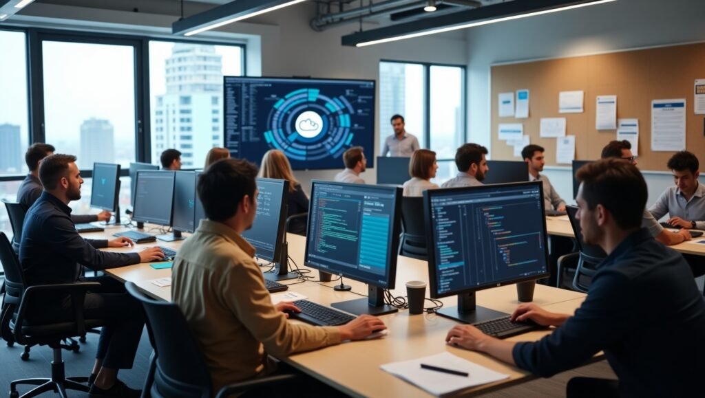 A team of professionals engaged in computer work, surrounded by office equipment and a collaborative atmosphere.