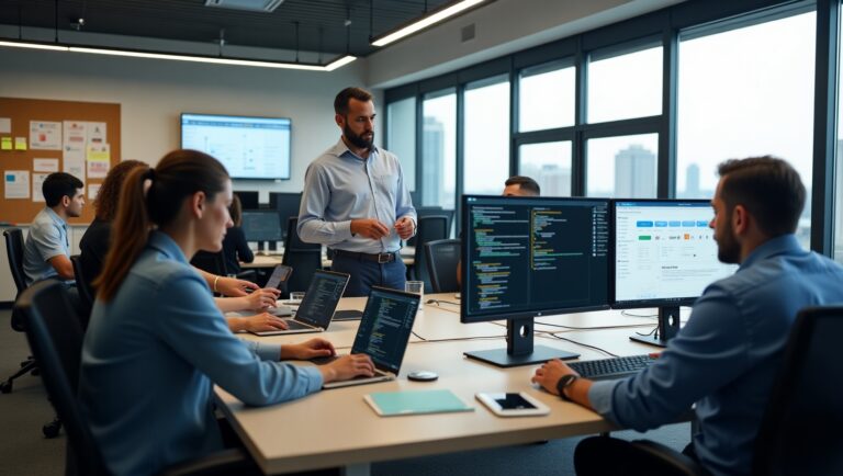 A diverse group of people focused on their computers while collaborating in a modern office environment.