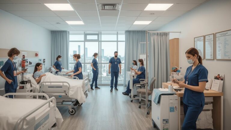A hospital room featuring nurses attending to patients in beds, with medical equipment visible in the background.
