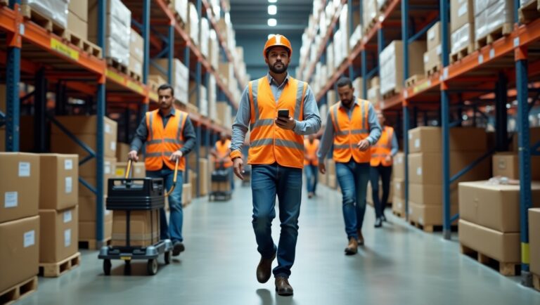 Warehouse workers in orange vests walking through an industrial space filled with shelves and boxes.