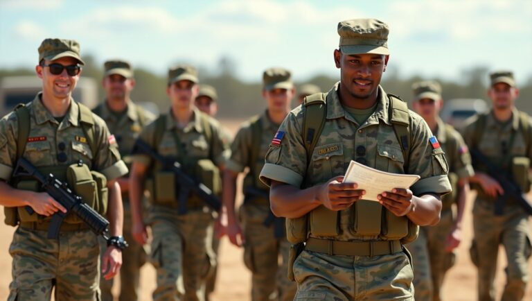 A group of soldiers marching in formation, dressed in military uniforms, displaying discipline and teamwork.
