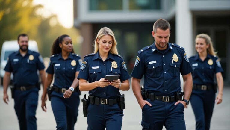 Police officers walking in a line down a city street, engaged in conversation and monitoring their surroundings.