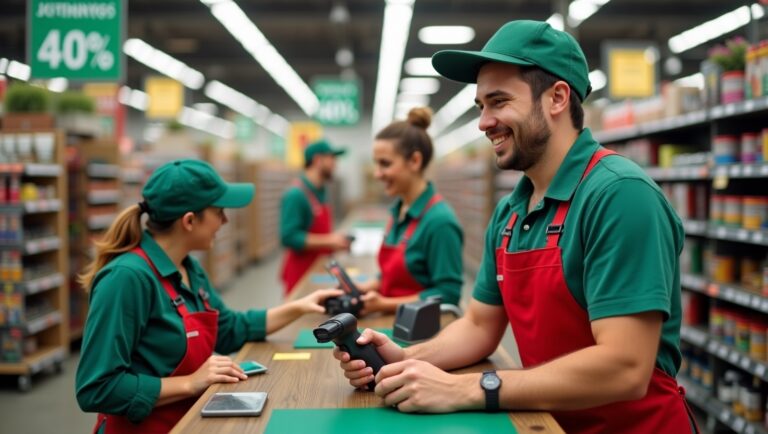 A man wearing a green apron stands in a warehouse , surrounded by shelves of products.
