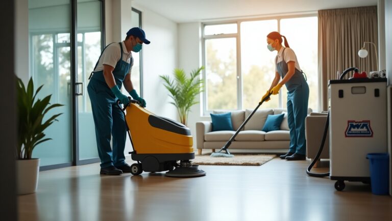 Two people using a vacuum cleaner to clean a room, focusing on the floor and surrounding furniture.