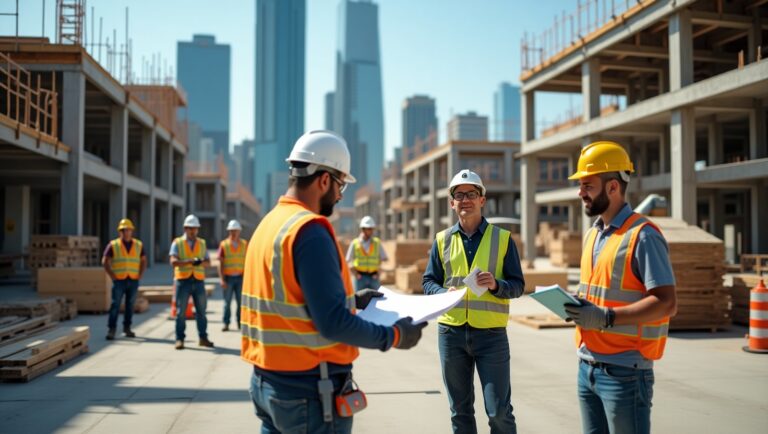 Construction workers in hard hats stand in front of a partially built building, discussing their next steps.
