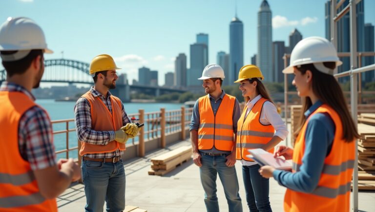 A group of construction workers in hard hats standing together on a bridge, discussing their project.