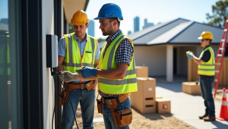 Two men in hard hats and safety vests are working together on the construction of a house.