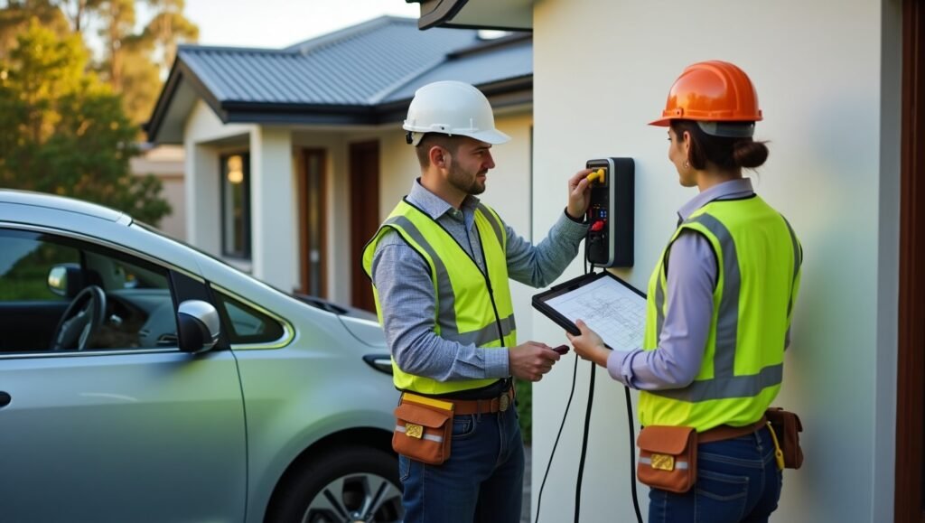 Two persons in hard hats and vests stand beside a parked car, discussing their work on a construction site.