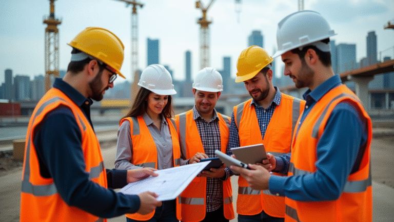 Four individuals in hard hats and safety vests are gathered around a tablet, discussing their project .