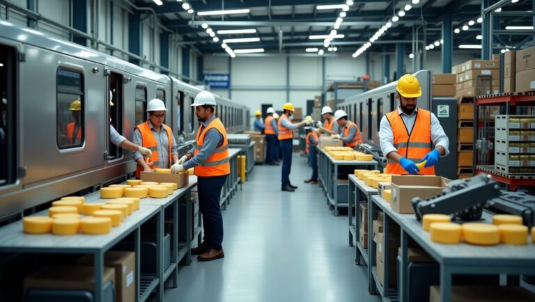 Workers in an industrial factory handle boxes of cheese, showcasing a busy production environment.