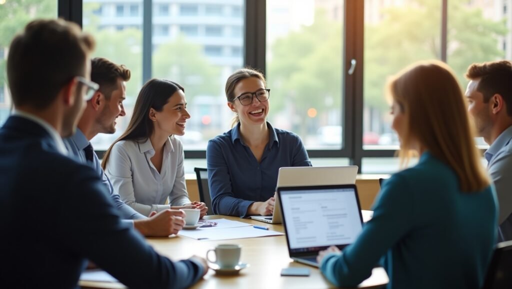 A diverse group of business professionals engaged in discussion around a conference table.