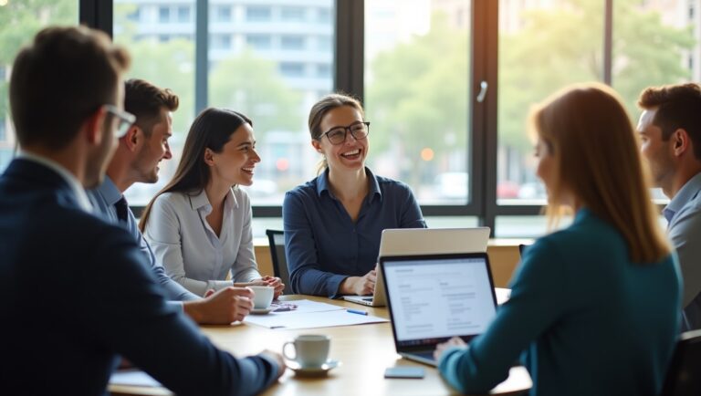 A diverse group of business professionals engaged in discussion around a conference table.