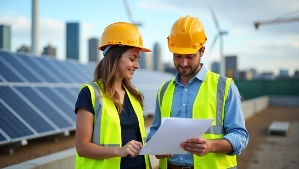 Two individuals in hard hats and safety vests reviewing a document together at a construction site.