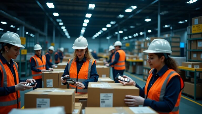 . Employees in an industrial warehouse are seen doing their daily operations at night.