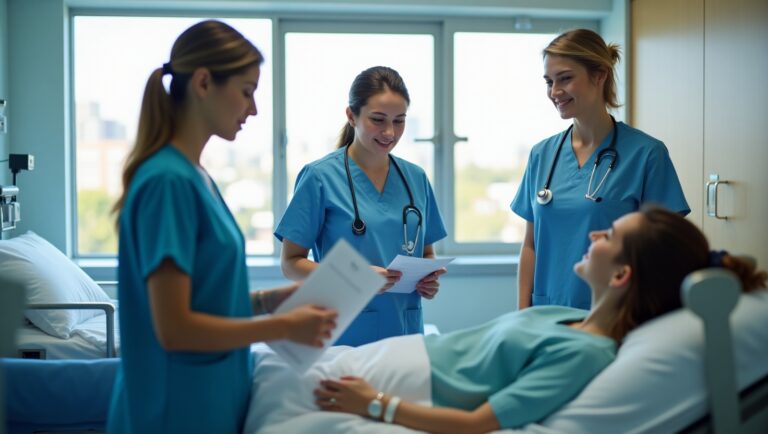 Three nurses attentively surround a patient in a hospital room, providing care and support.
