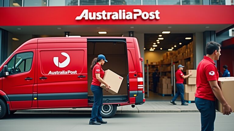 Australia Post delivery vehicle on the road, representing postal services and job openings in the country.