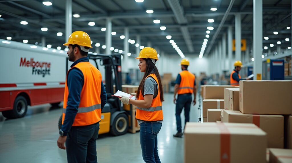 A group of workers collaborating in an industrial warehouse in Melbourne, focused on factory tasks and operations.