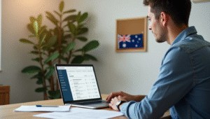 Australian man focused on her laptop, exploring job options online.