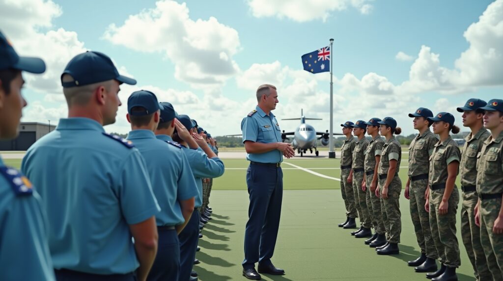 A man in Air Force uniform stands before a group, discussing how to join the Australian Air Force.