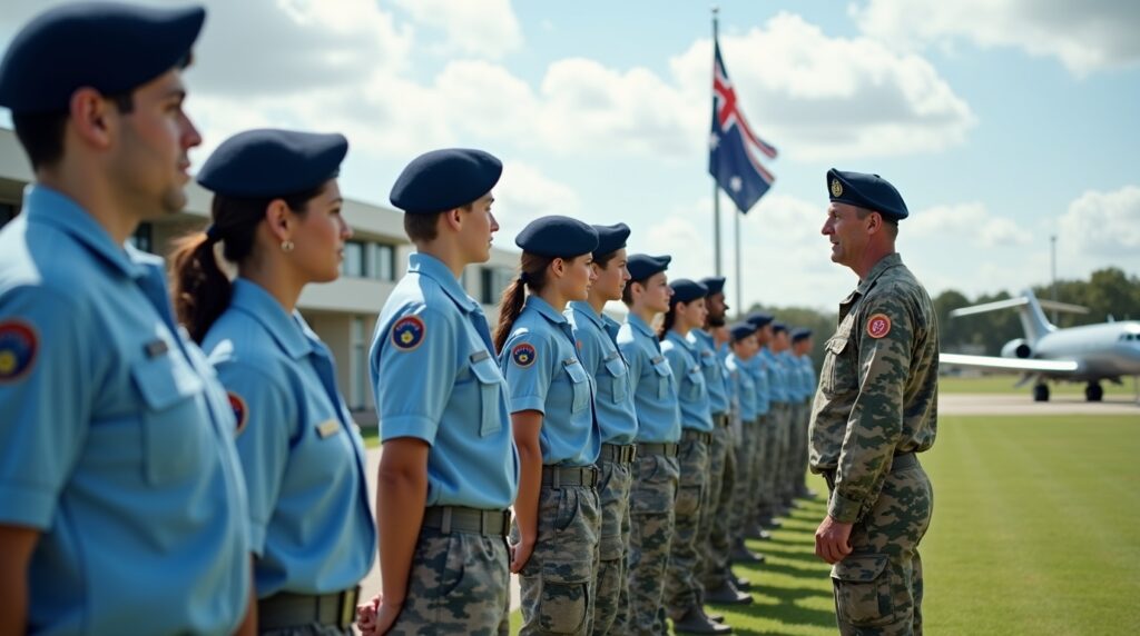 An Air Force officer addresses a group of people about joining the Australian Air Force.