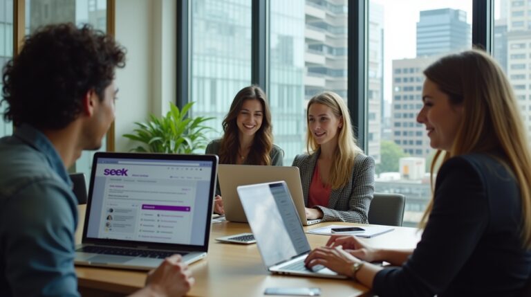 People gathered around a table with laptops, actively participating in a Seek Jobs Sydney session.