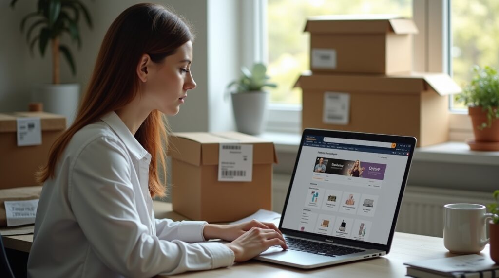 A woman at a desk with a laptop and boxes, working on tasks related to Amazon Australia.