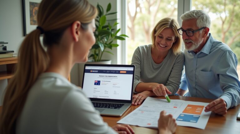 A couple and their adult daughter are focused on a laptop, discussing the Australia Parent Visa ImmiAccount integration.