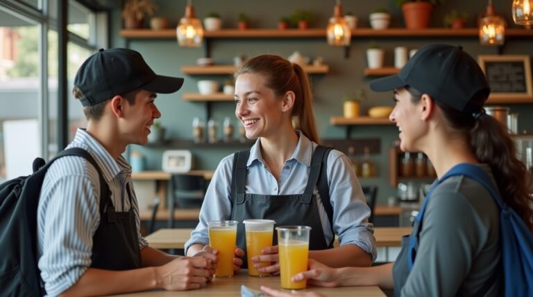 Three people enjoying drinks at a table, engaged in conversation in a casual Sydney setting.
