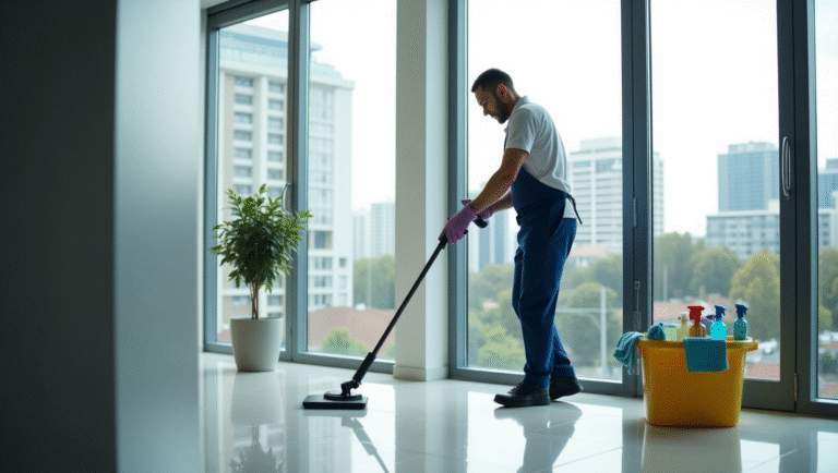 A man mops the floor while cleaning a room, showcasing his work as a cleaner in Sydney, NSW.