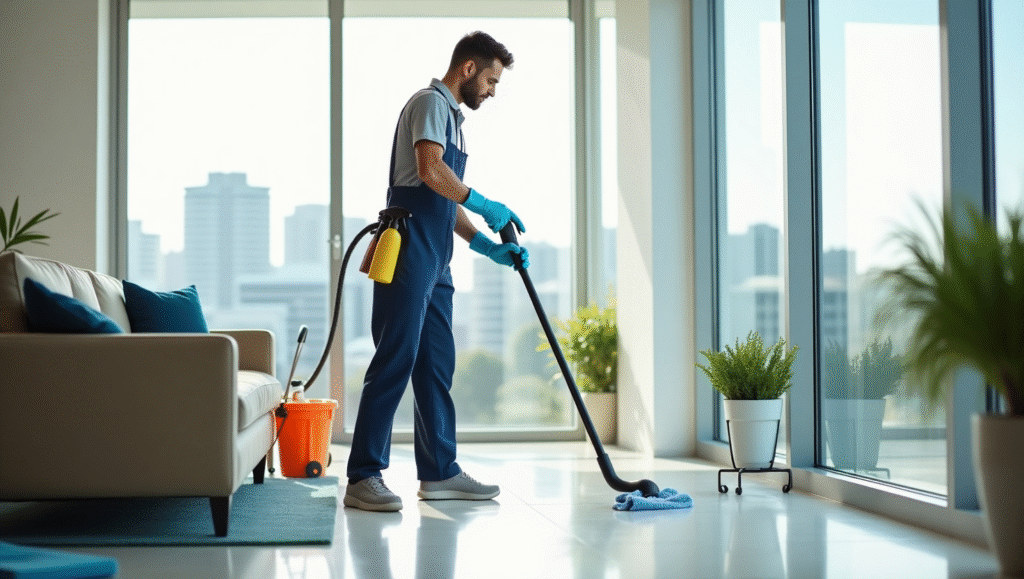 A man in blue overalls cleans a room, showcasing cleaning jobs available in Sydney City.