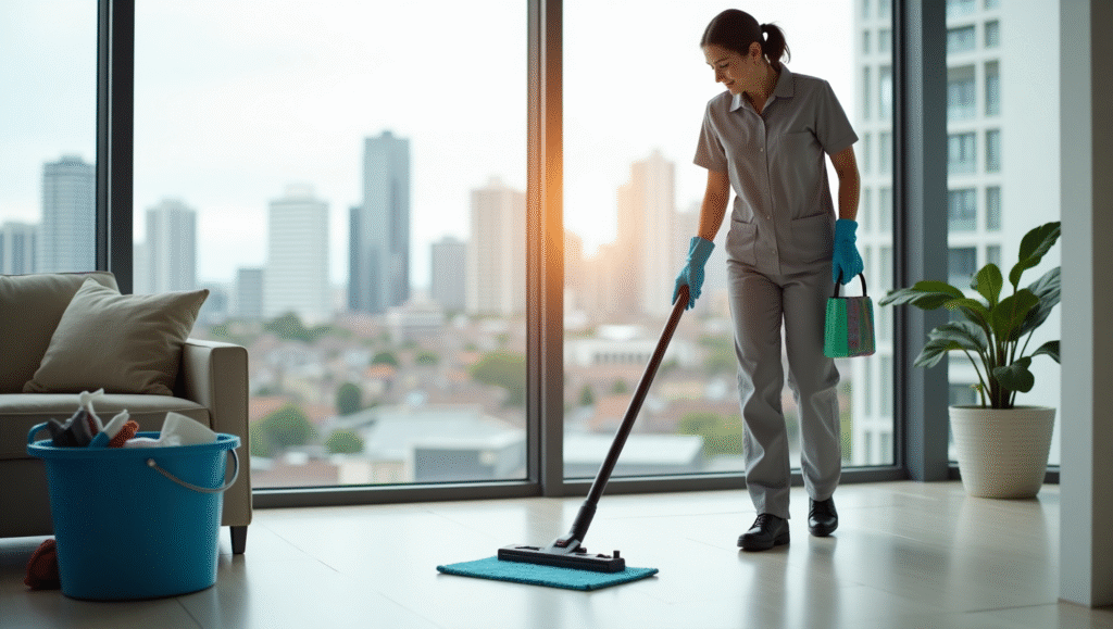 A woman wearing grey overalls is actively cleaning a room, representing cleaning jobs in Sydney City.