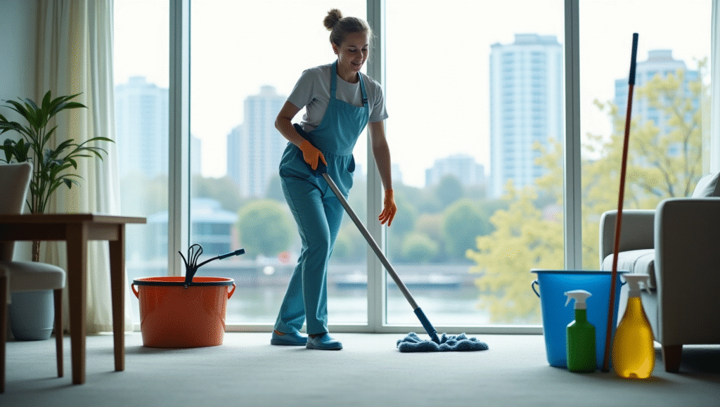 A woman is cleaning a room with a mop and bucket, illustrating professional cleaning services in Sydney.