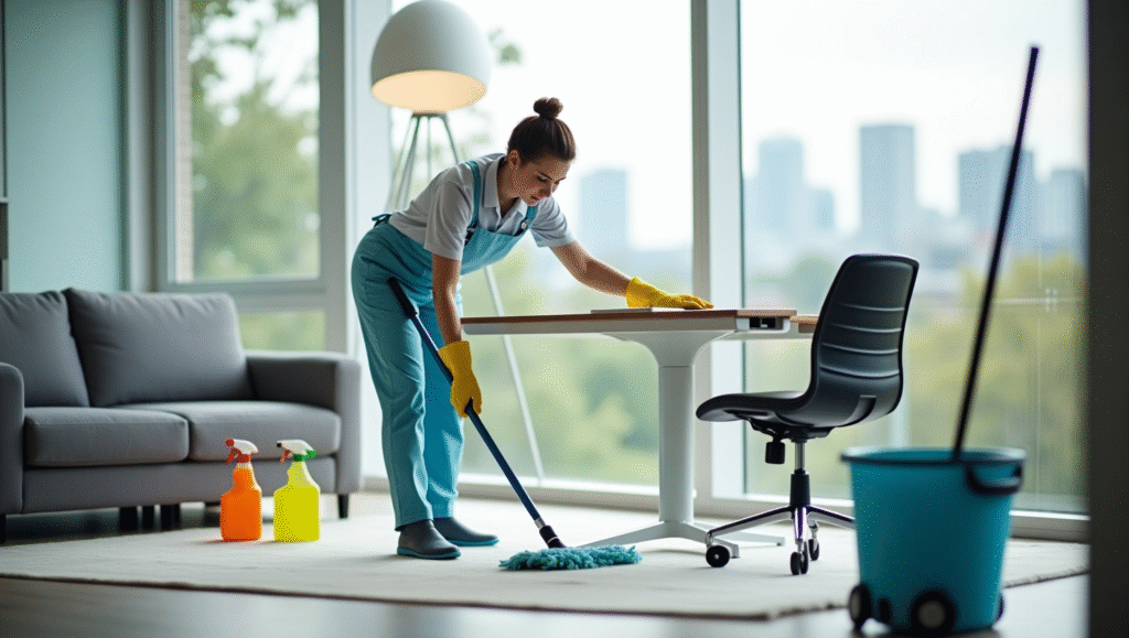 A woman mops the floor in a room, using a bucket for cleaning, representing cleaning jobs in Sydney.
