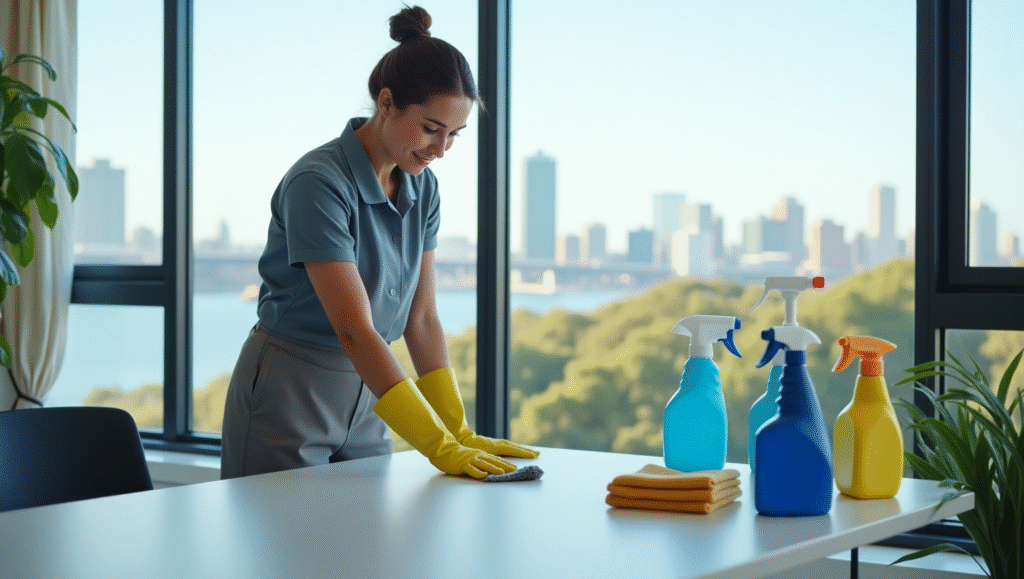 A woman scrubbing a table with cleaning products, showcasing a clean and organized cleaning position Sydney.