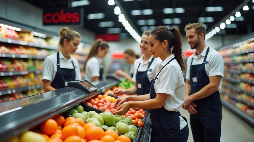 A diverse group of people shopping in a Coles supermarket aisle, browsing products on the shelves.