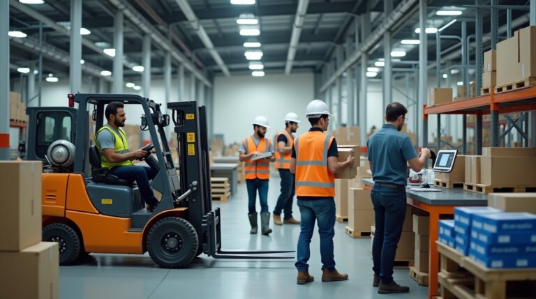 A group of workers collaborating in an industrial warehouse setting in Australia.