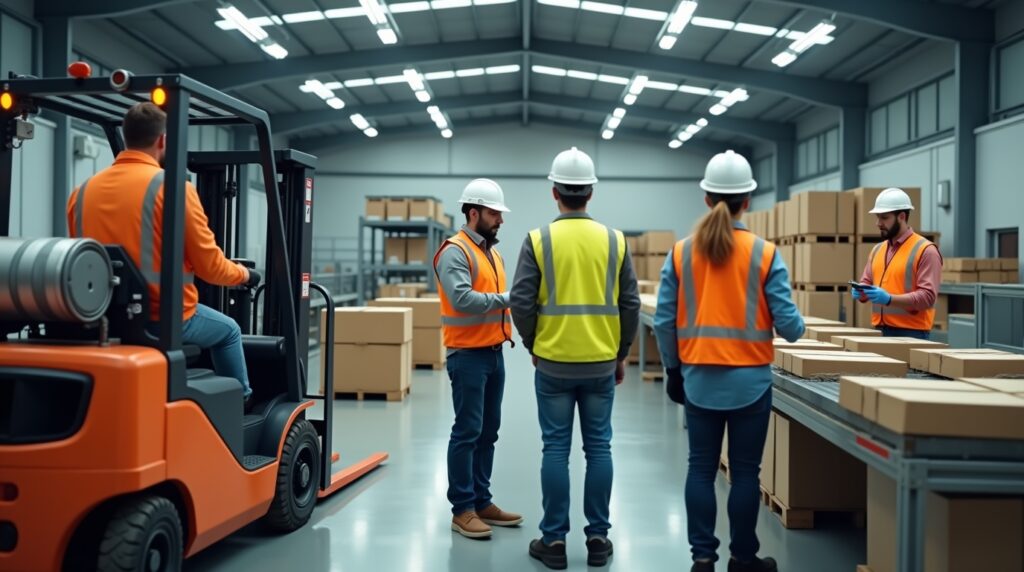 Workers in an industrial warehouse in Melbourne, actively involved in factory operations and equipment management.