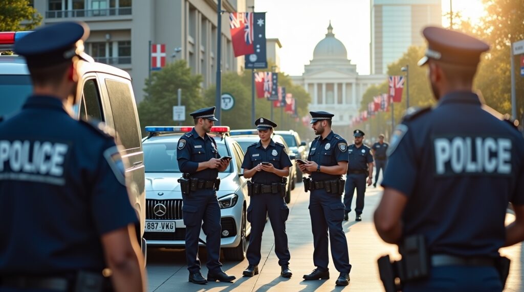 Federal Police Australia officers standing in front of a police car, ready for duty in a public area.