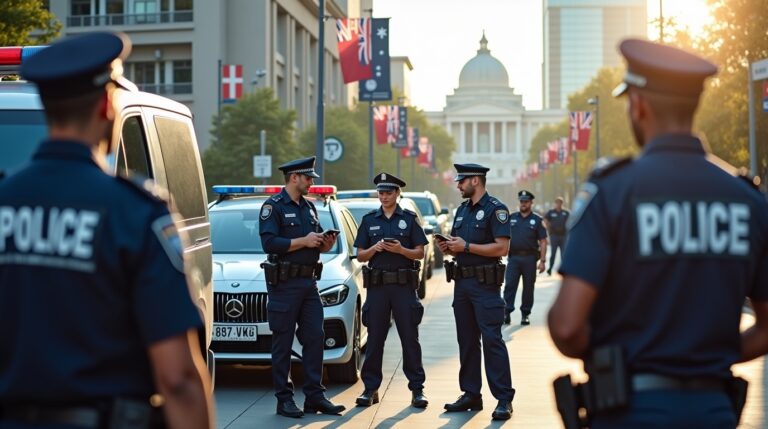 Federal Police Australia officers standing in front of a police car, ready for duty in a public area.