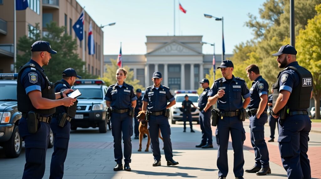 Federal Police Australia officers in uniform standing beside a police car, overseeing the area for safety.