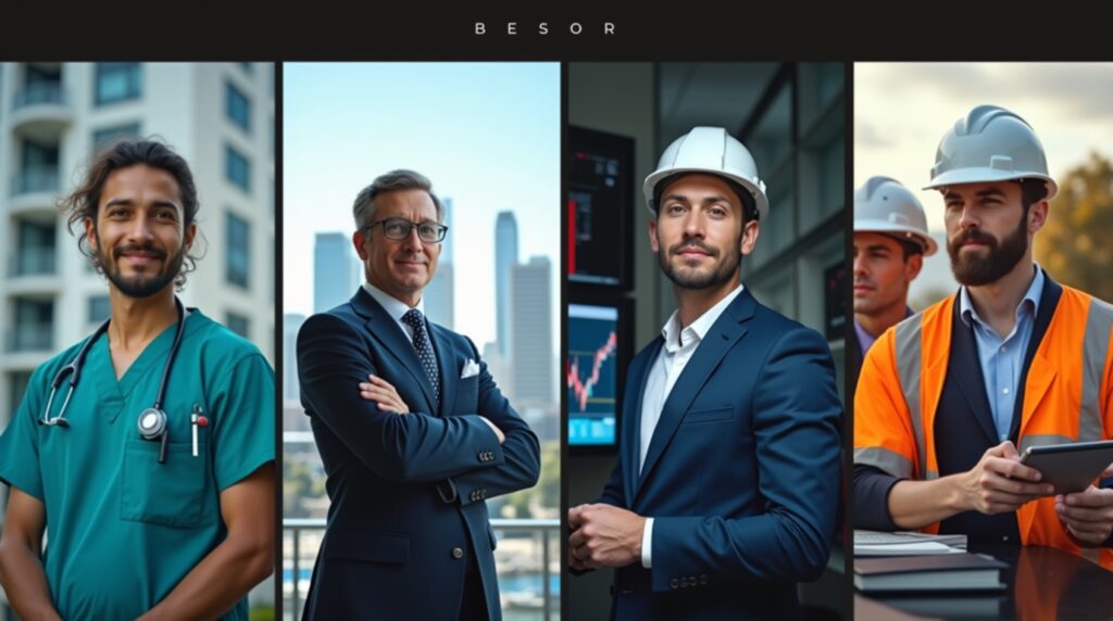 A collage of men dressed in construction gear, representing some of the highest paying jobs in Australia.