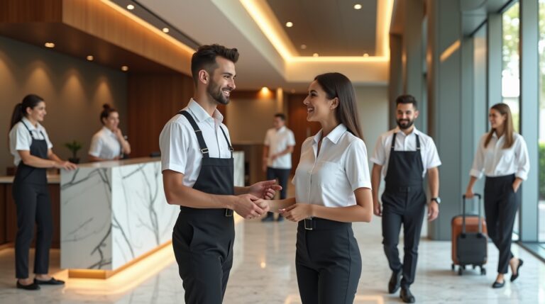 People in a hotel lobby, looking for information on hotel vacancies in Australia.