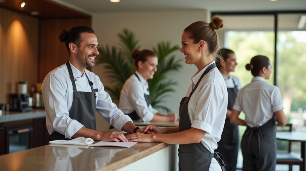 People standing together at a bar in an Australian hotel, engaged in lively discussion.