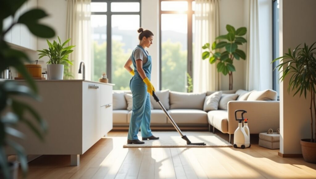 A woman in blue overalls cleans a room, showcasing house cleaning services in Sydney, NSW.