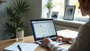 A woman sits at a desk, focused on her laptop, working on her CV writing tasks.