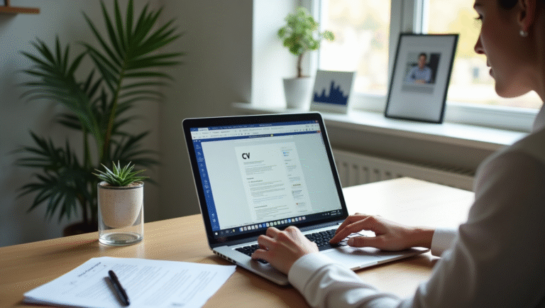 A woman sits at a desk, focused on her laptop, working on her CV writing tasks.