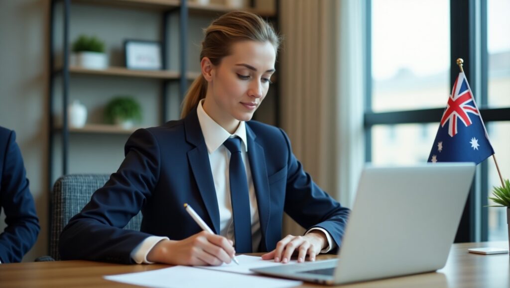 A professional Australian woman typing on a laptop in a contemporary office setting.